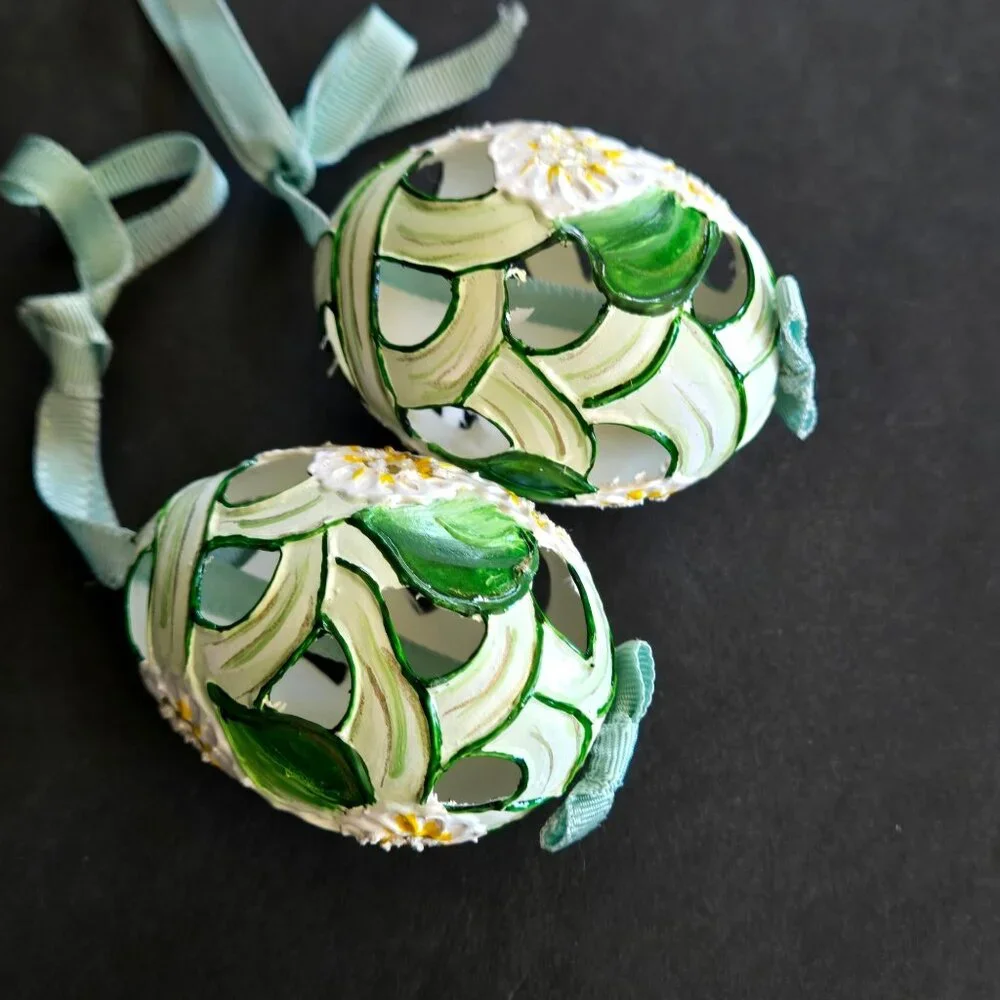 Handcrafted Floral Decorated Open Work Real Eggs Delicate Easter Egg Set of 2 - Picture 4 of 8
